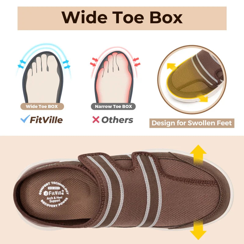 FitVille Men’S Wide Slippers With Arch Support House Slipper Mules‌ Breathable Adjustable  Orthopedic Indoor Walking Shoes